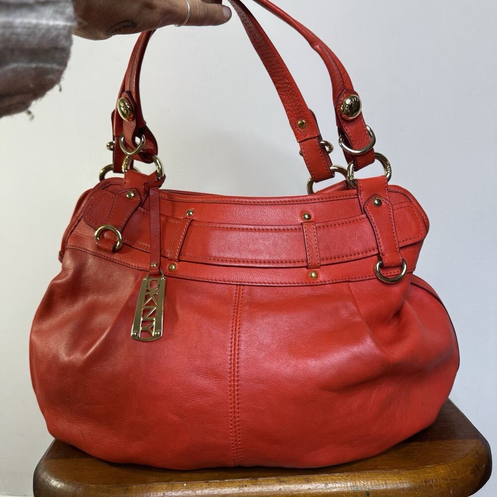DKNY Red Leather Hobo Shoulder Bag Logo Charm Handbag Purse Y2K Indie Grunge
